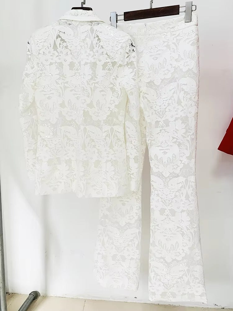 Casual Designer Single Button Zipper Fly Lace Blazer Flare Suit Set