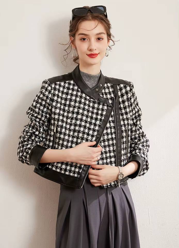Casual Diagonal Zipper Thick Non Elastic Plaid Patchwork PU Jacket