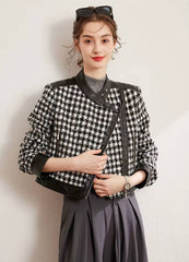 Casual Diagonal Zipper Thick Non Elastic Plaid Patchwork PU Jacket