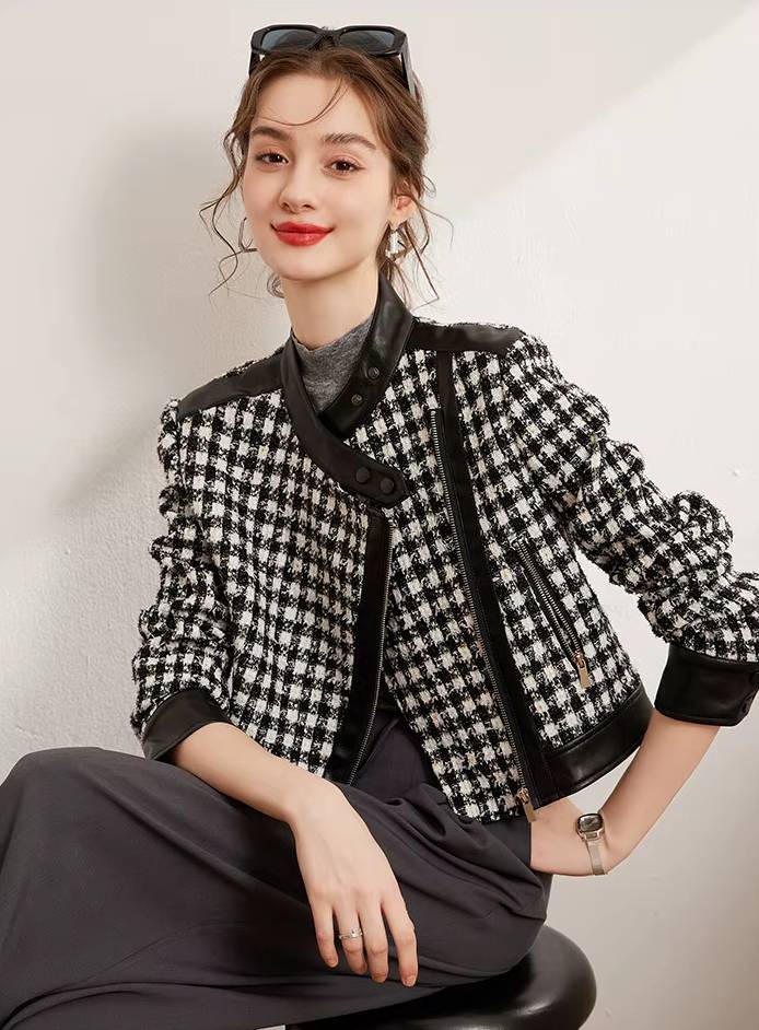 Casual Diagonal Zipper Thick Non Elastic Plaid Patchwork PU Jacket