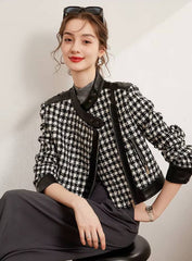 Casual Diagonal Zipper Thick Non Elastic Plaid Patchwork PU Jacket