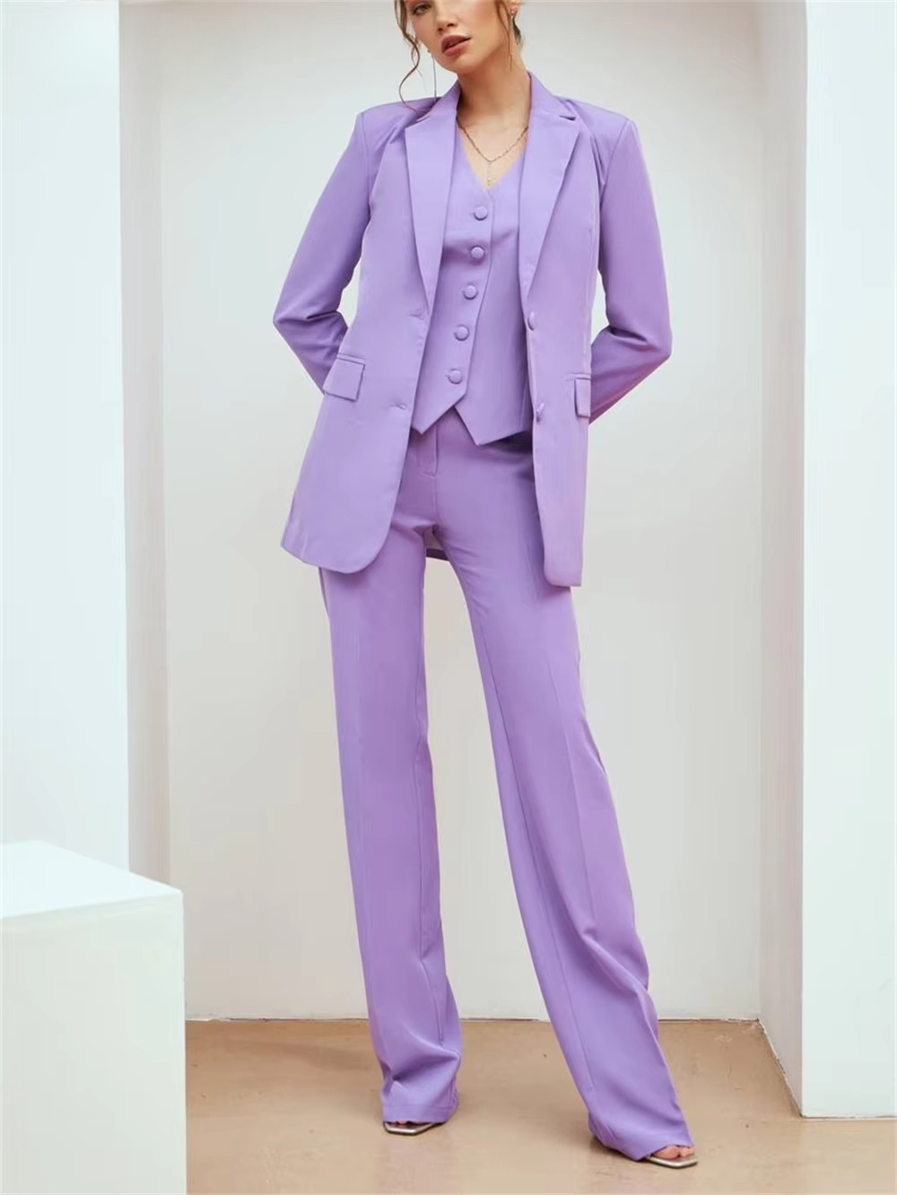 Casual Double Breasted Notched Blazer Vest Pants Solid Tuxedo Plus Size Three Piece Office Suit