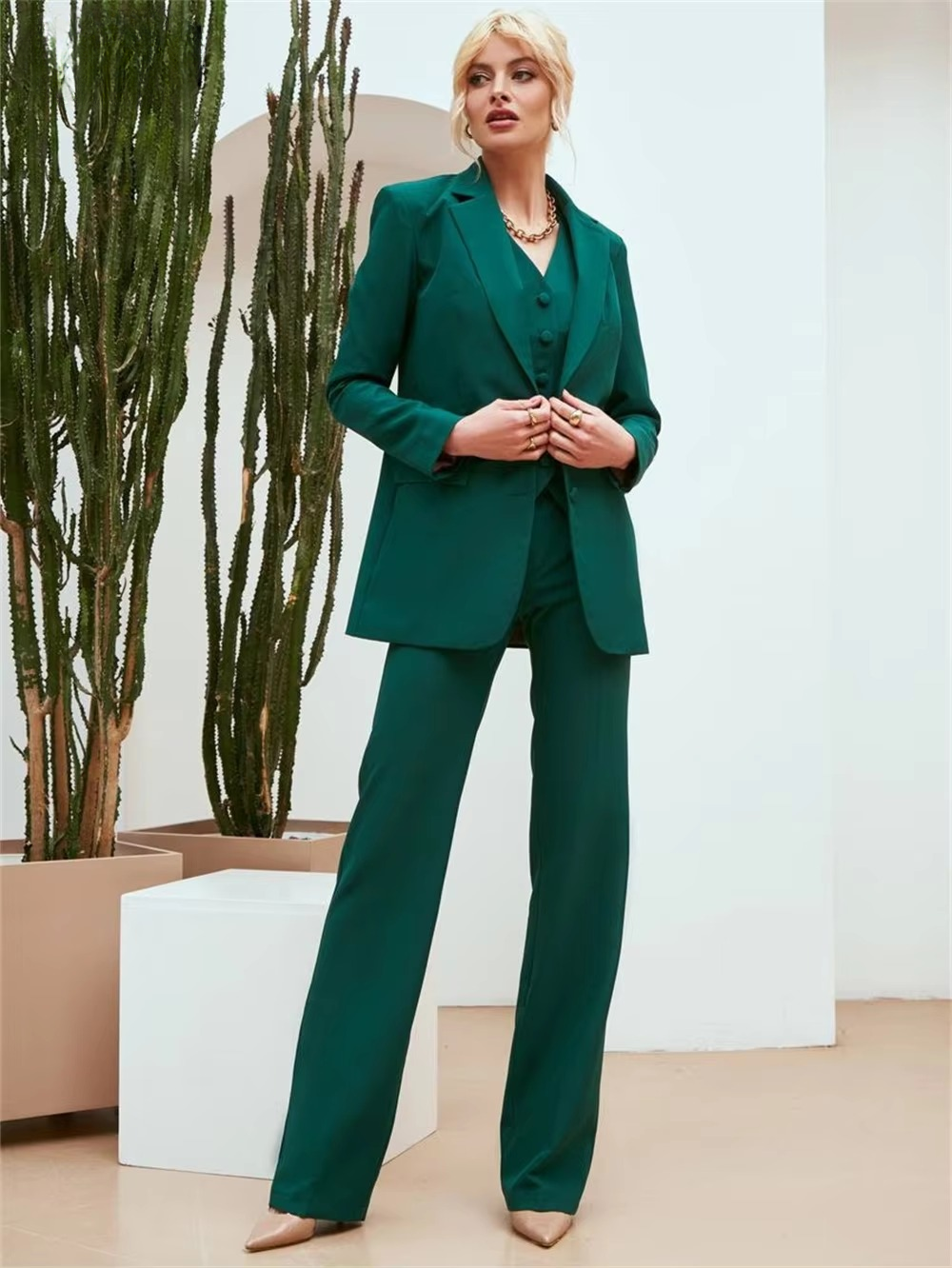Casual Double Breasted Notched Blazer Vest Pants Solid Tuxedo Plus Size Three Piece Office Suit