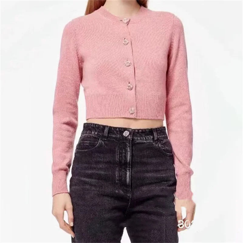 Casual Elastic knit slim long sleeved button decoration knitwear Pure cashmere outerwears
