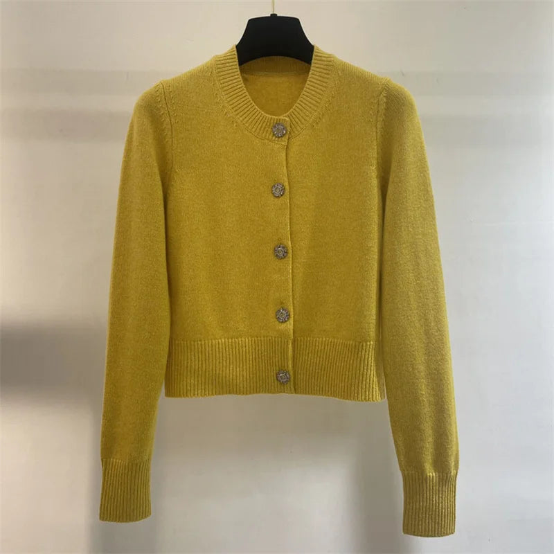 Casual Elastic knit slim long sleeved button decoration knitwear Pure cashmere outerwears