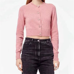 Casual Elastic knit slim long sleeved button decoration knitwear Pure cashmere outerwears