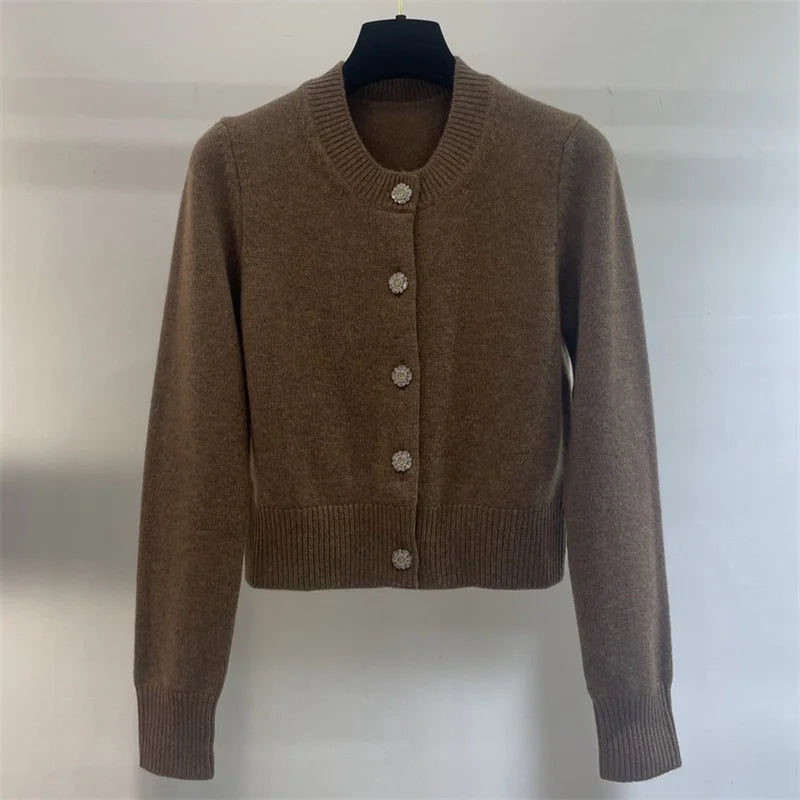 Casual Elastic knit slim long sleeved button decoration knitwear Pure cashmere outerwears