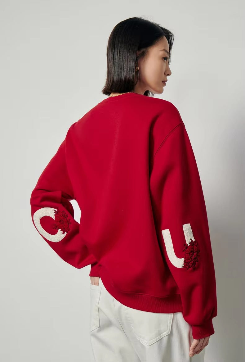 Casual Embroidery Long Sleeve O Neck Loose Hoodies