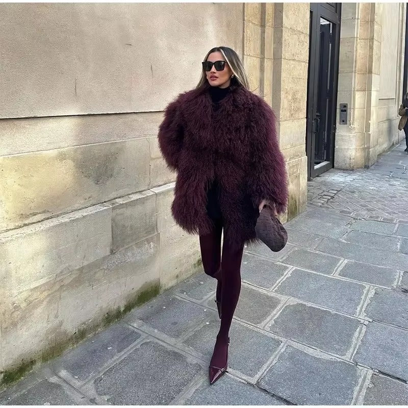 Casual Faux Fur Thicken Long Sleeve Loose Warm Midi Coat