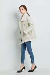 Casual Faux Lamb Leather Lapel Thick Warm Jacket with Belt