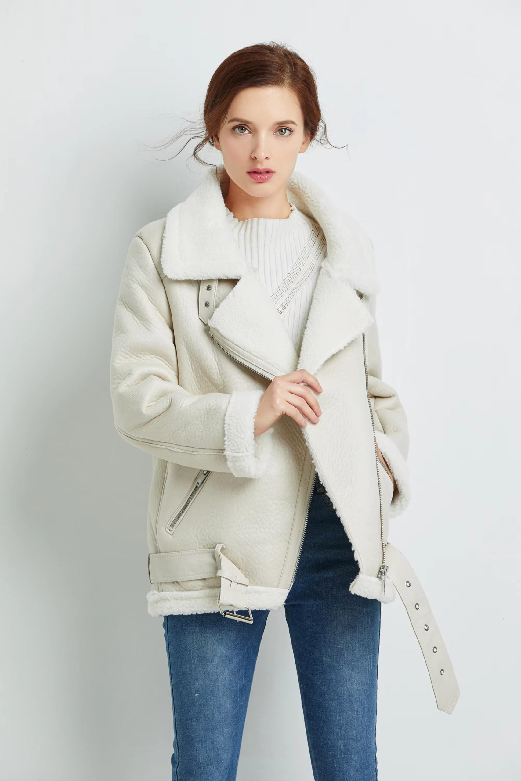 Casual Faux Lamb Leather Lapel Thick Warm Jacket with Belt