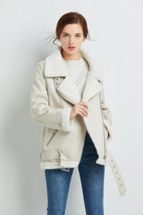 Casual Faux Lamb Leather Lapel Thick Warm Jacket with Belt