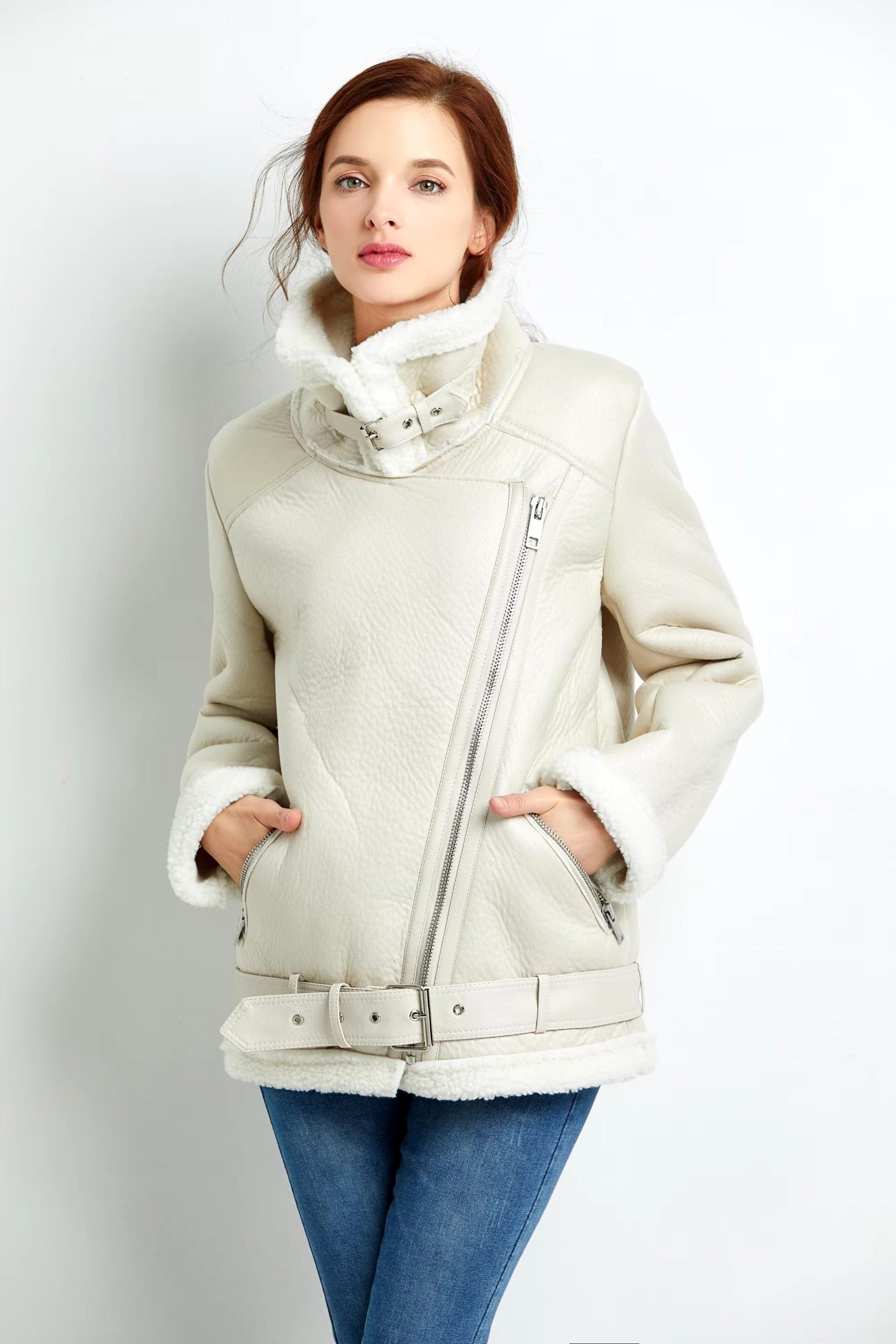 Casual Faux Lamb Leather Lapel Thick Warm Jacket with Belt