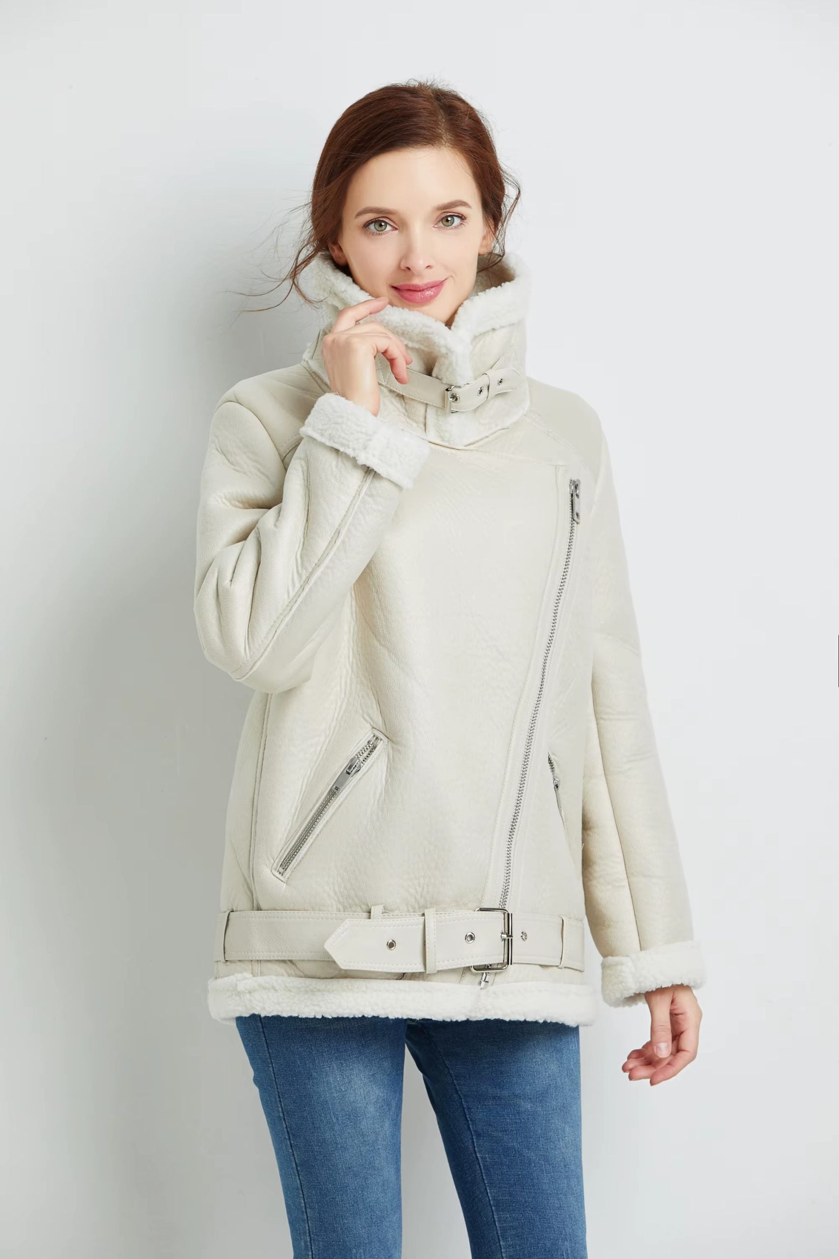 Casual Faux Lamb Leather Lapel Thick Warm Jacket with Belt