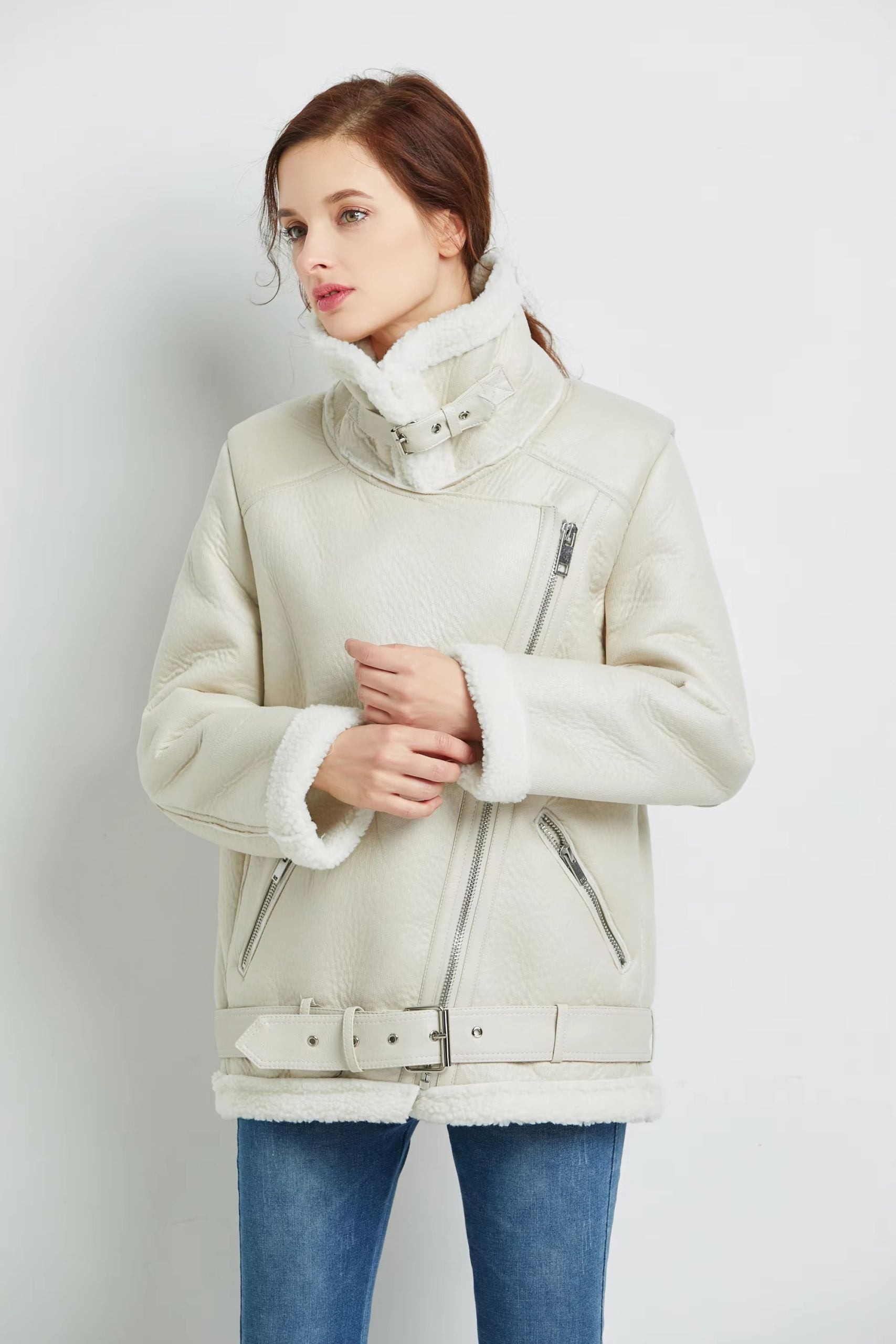Casual Faux Lamb Leather Lapel Thick Warm Jacket with Belt