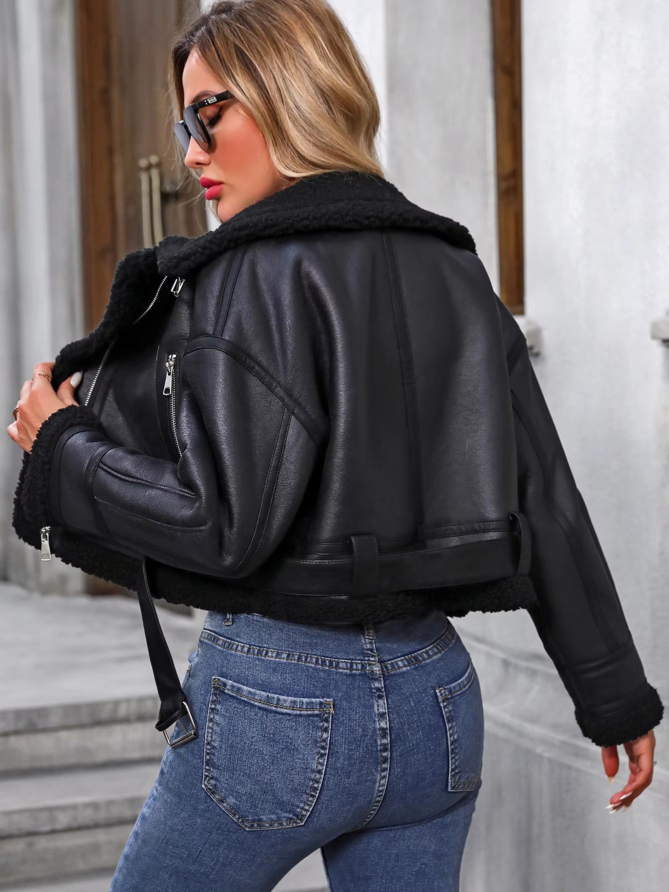 Casual Faux Lambswool Leather High Street Lapel Zipper Short Jacket