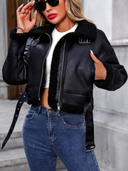 Casual Faux Lambswool Leather High Street Lapel Zipper Short Jacket