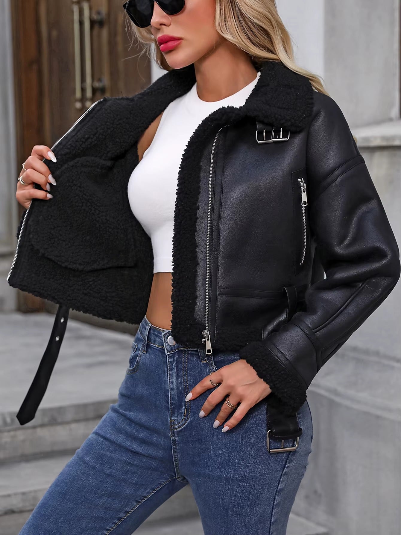 Casual Faux Lambswool Leather High Street Lapel Zipper Short Jacket
