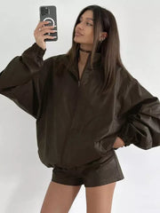 Casual Faux Leather Set Over Sized Jacket And Shorts Outfit