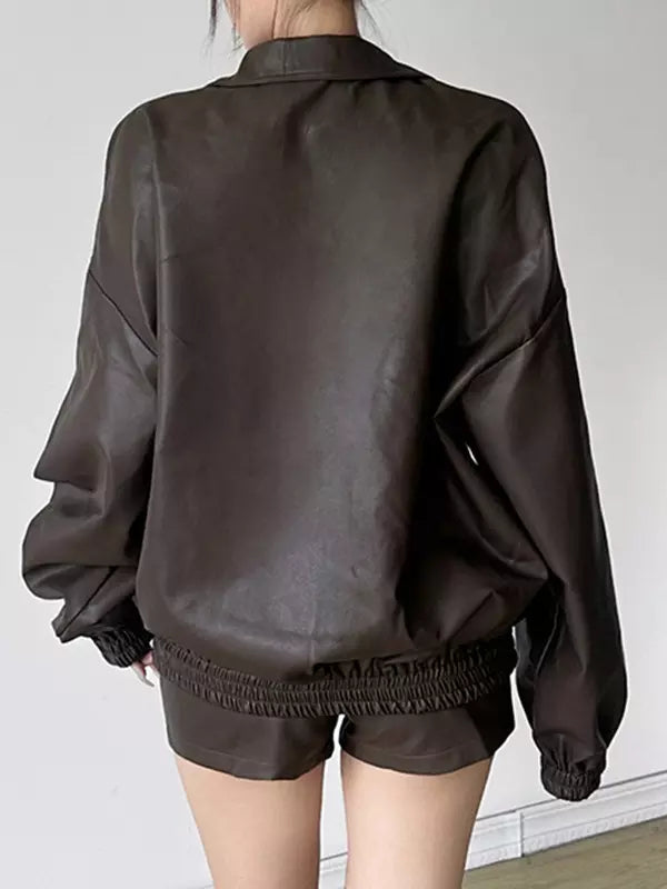 Casual Faux Leather Set Over Sized Jacket And Shorts Outfit