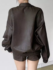 Casual Faux Leather Set Over Sized Jacket And Shorts Outfit