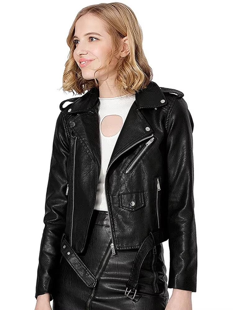 Casual Faux PU Leather Full Sleeve Lapel Street Wear Zipper Jacket