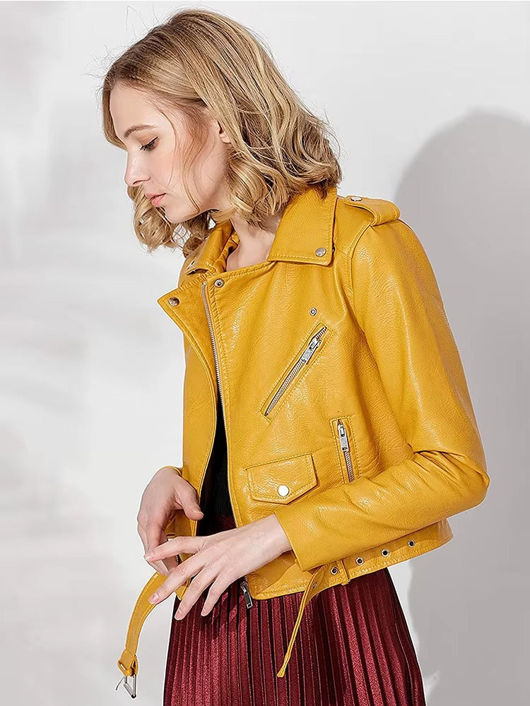 Casual Faux PU Leather Full Sleeve Lapel Street Wear Zipper Jacket