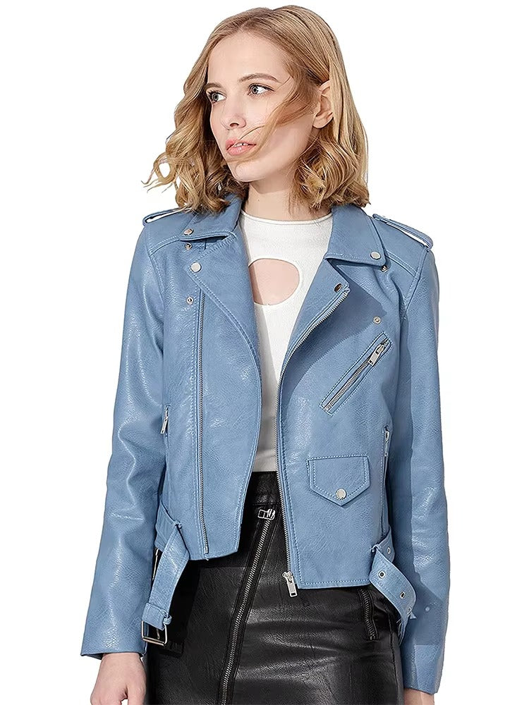 Casual Faux PU Leather Full Sleeve Lapel Street Wear Zipper Jacket