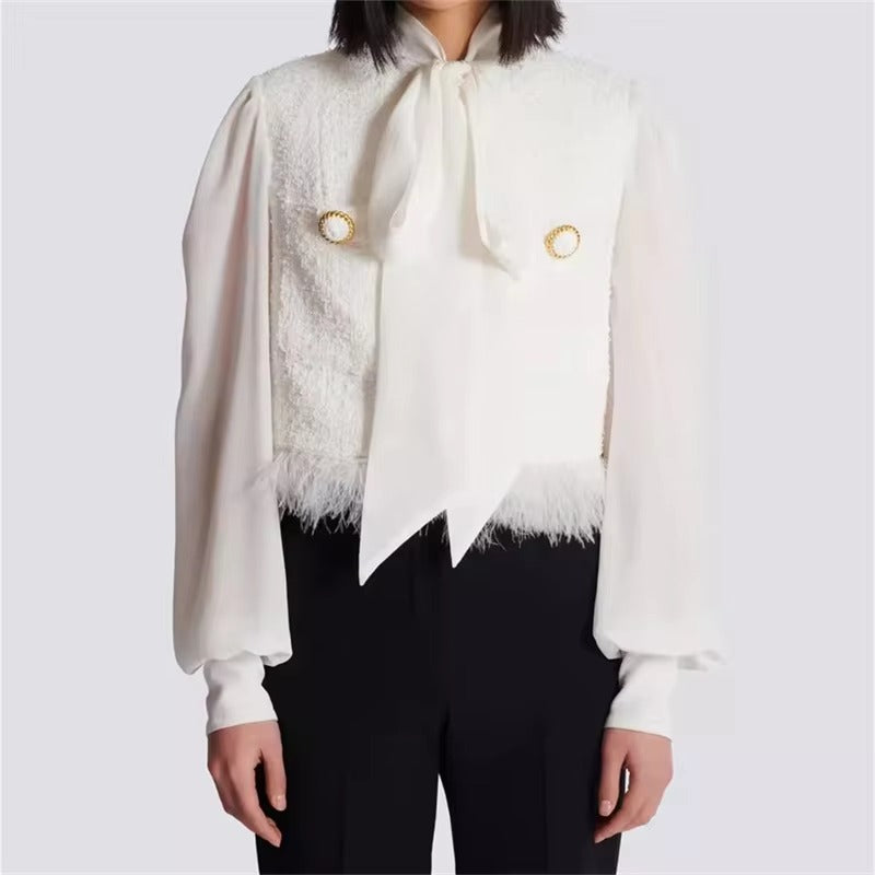 Casual Feather Splicing Long Sleeve Bow collar High quality jacket