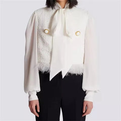 Casual Feather Splicing Long Sleeve Bow collar High quality jacket