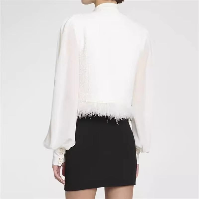 Casual Feather Splicing Long Sleeve Bow collar High quality jacket