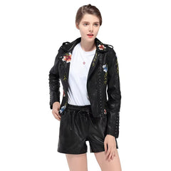 Casual Floral Embroidery Rivet High Street Faux PU Leather Jacket