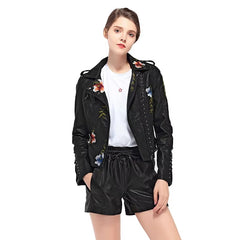 Casual Floral Embroidery Rivet High Street Faux PU Leather Jacket
