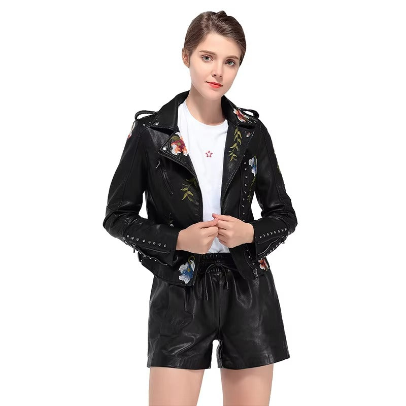 Casual Floral Embroidery Rivet High Street Faux PU Leather Jacket
