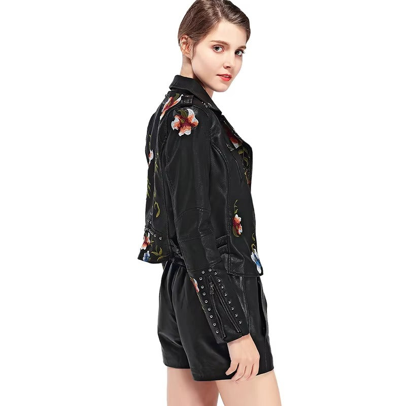 Casual Floral Embroidery Rivet High Street Faux PU Leather Jacket