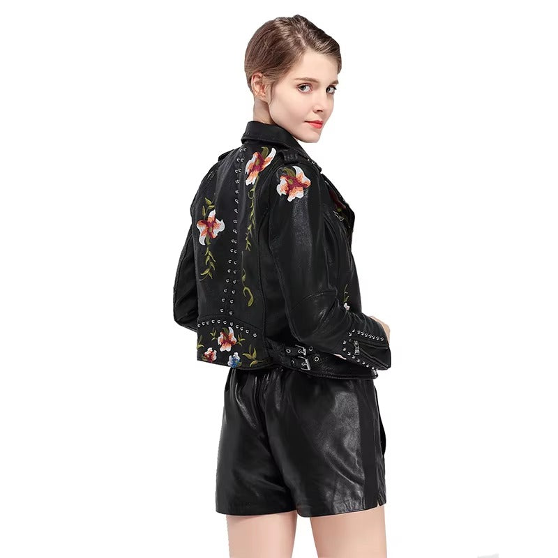 Casual Floral Embroidery Rivet High Street Faux PU Leather Jacket