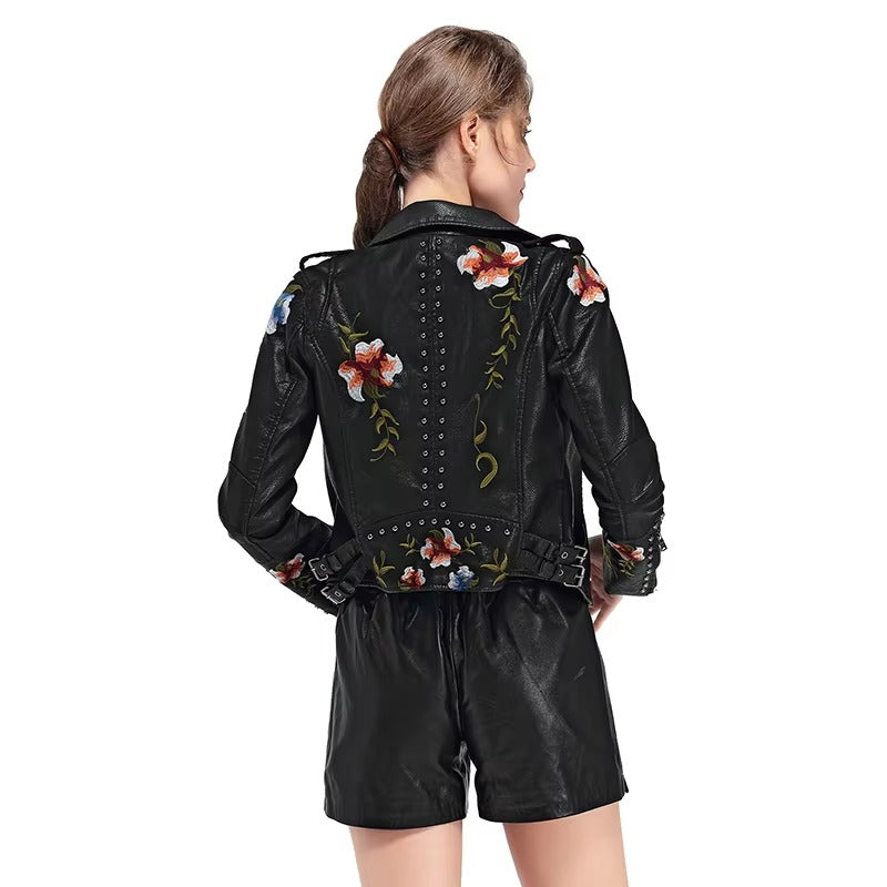 Casual Floral Embroidery Rivet High Street Faux PU Leather Jacket