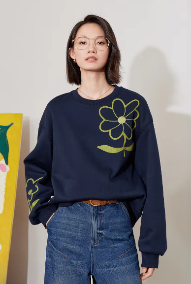 Casual Floral Round Neck Long Sleeve Pullover Hoodies