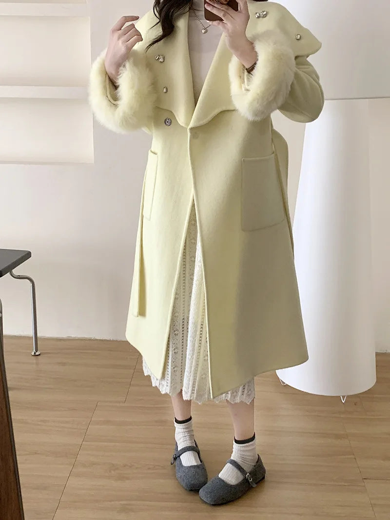Casual Fox Hair Stitching Sleeves Double Sided Woolen Button Belt Gathered Waist Coats