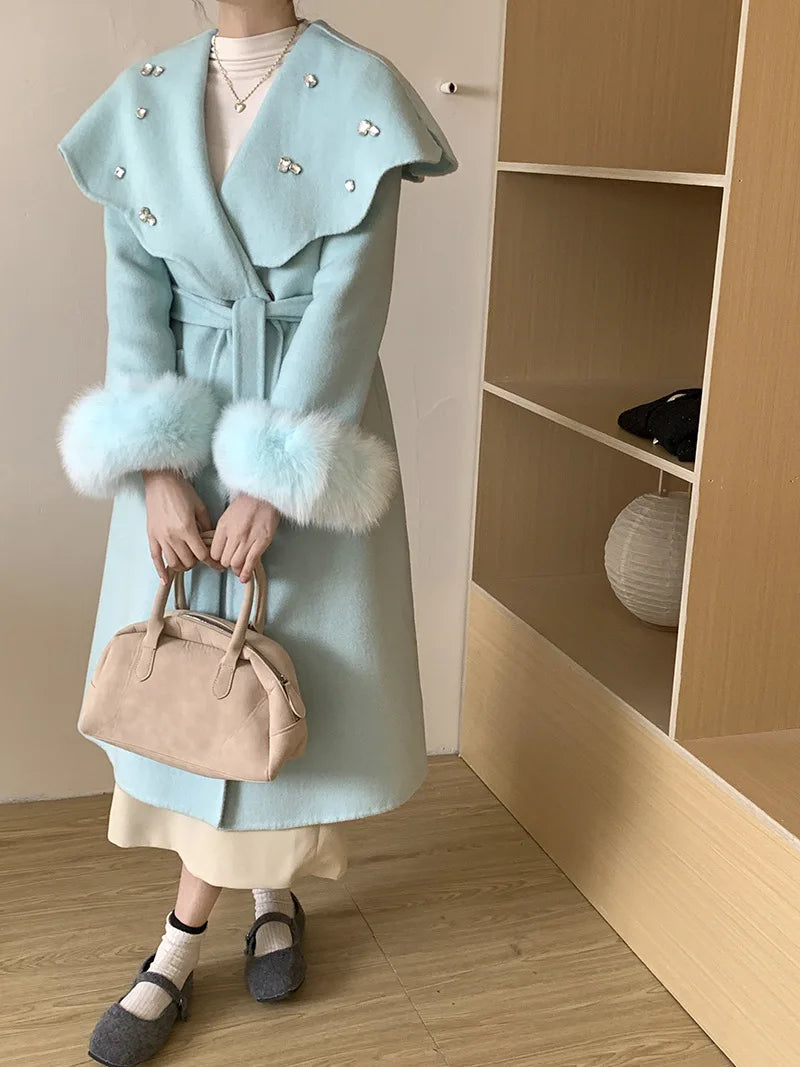 Casual Fox Hair Stitching Sleeves Double Sided Woolen Button Belt Gathered Waist Coats