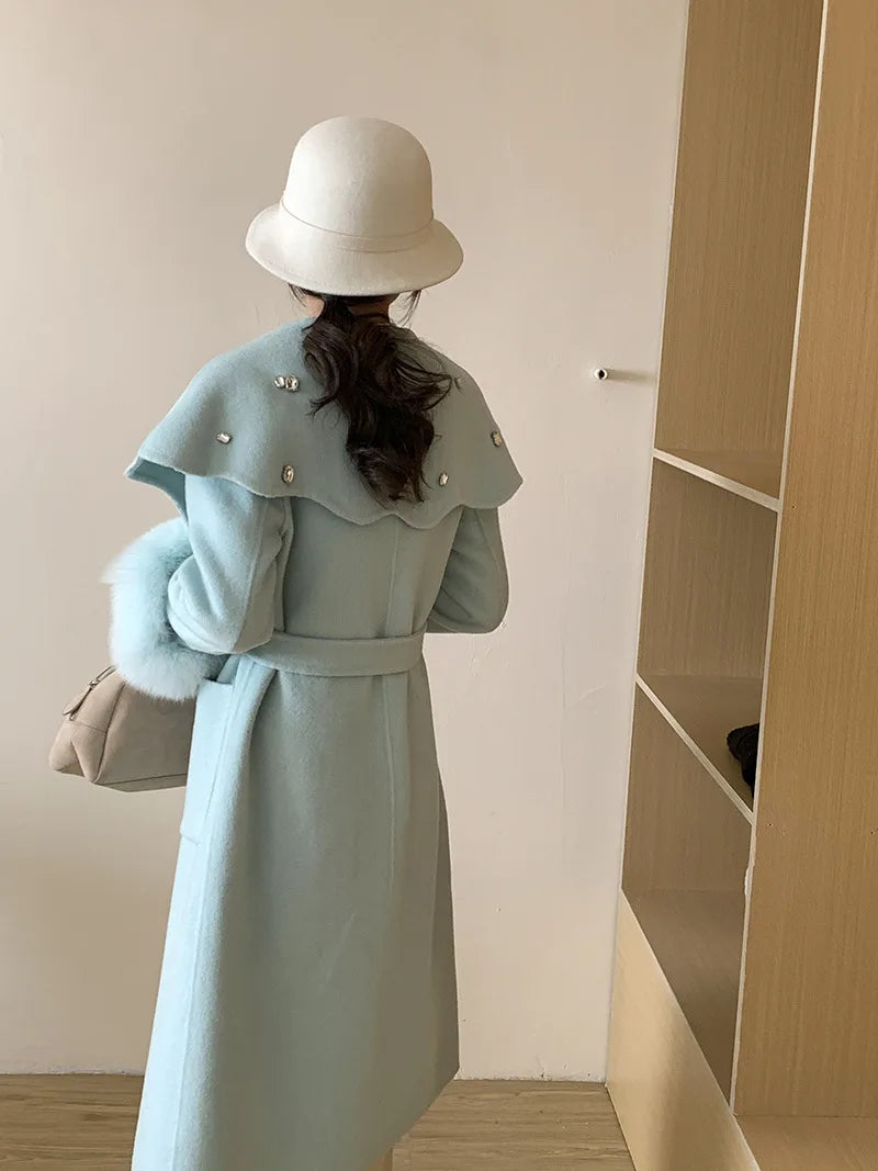 Casual Fox Hair Stitching Sleeves Double Sided Woolen Button Belt Gathered Waist Coats