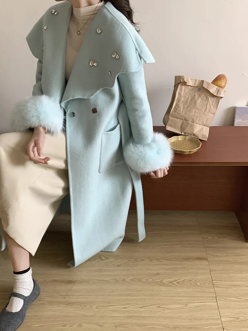 Casual Fox Hair Stitching Sleeves Double Sided Woolen Button Belt Gathered Waist Coats