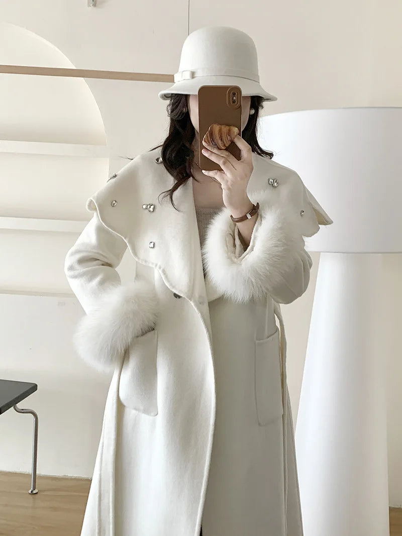 Casual Fox Hair Stitching Sleeves Double Sided Woolen Button Belt Gathered Waist Coats
