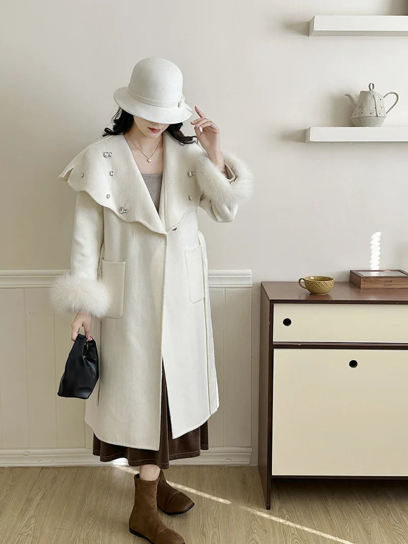 Casual Fox Hair Stitching Sleeves Double Sided Woolen Button Belt Gathered Waist Coats