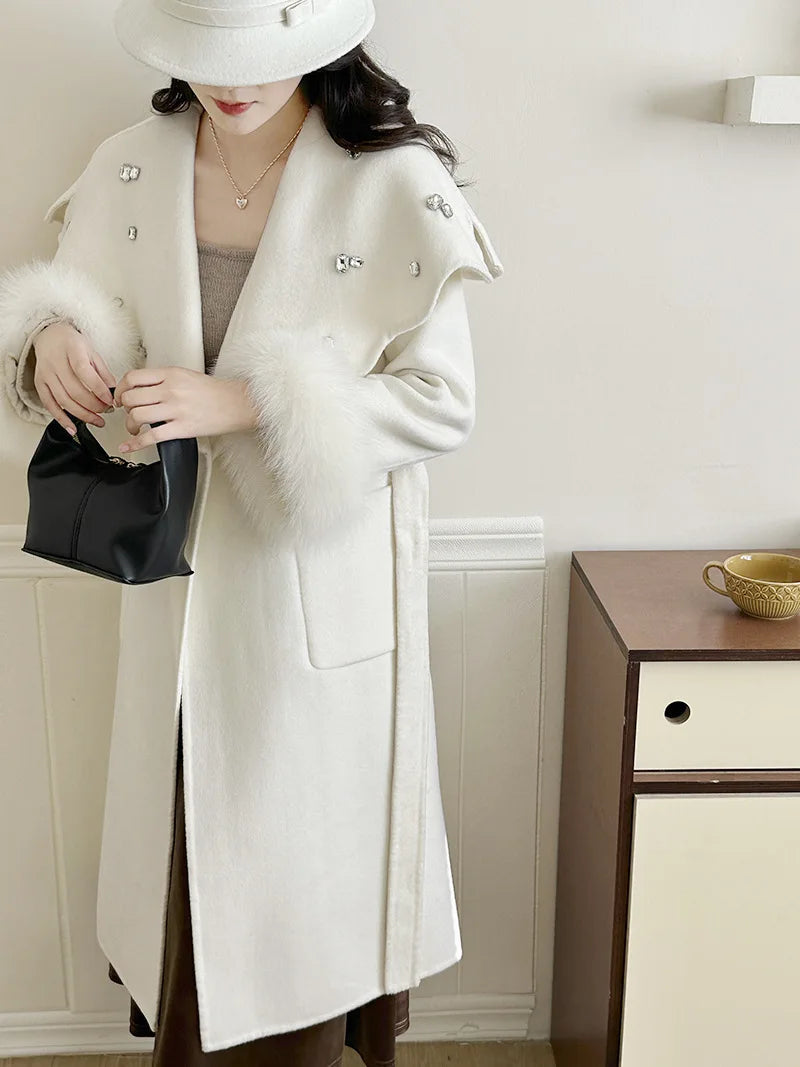 Casual Fox Hair Stitching Sleeves Double Sided Woolen Button Belt Gathered Waist Coats