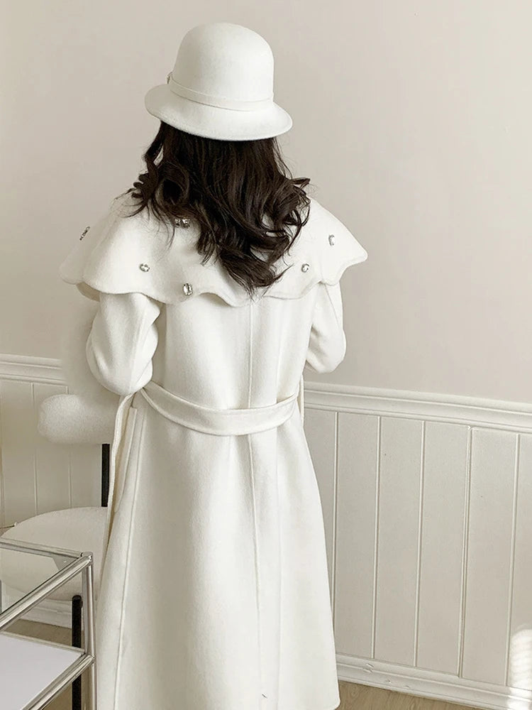 Casual Fox Hair Stitching Sleeves Double Sided Woolen Button Belt Gathered Waist Coats