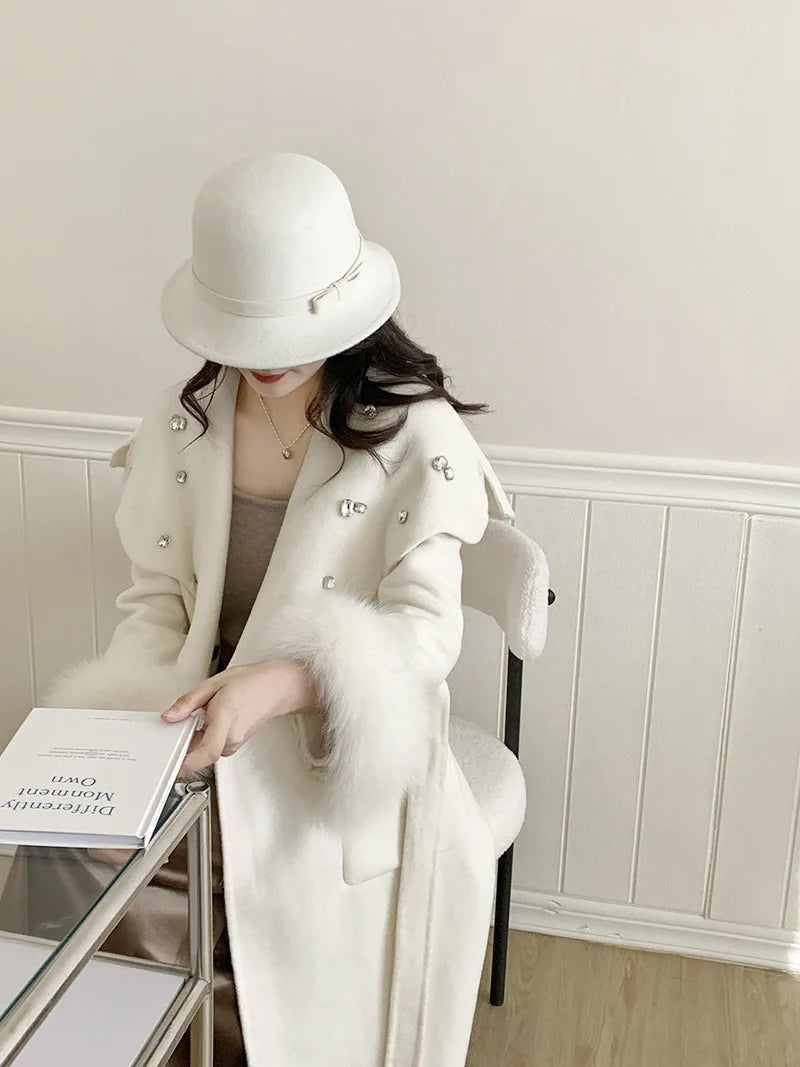 Casual Fox Hair Stitching Sleeves Double Sided Woolen Button Belt Gathered Waist Coats