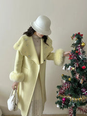 Casual Fox Hair Stitching Sleeves Double Sided Woolen Button Belt Gathered Waist Coats