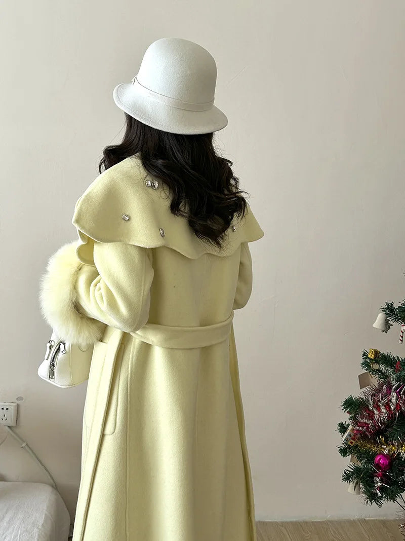 Casual Fox Hair Stitching Sleeves Double Sided Woolen Button Belt Gathered Waist Coats