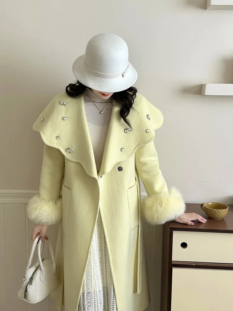 Casual Fox Hair Stitching Sleeves Double Sided Woolen Button Belt Gathered Waist Coats